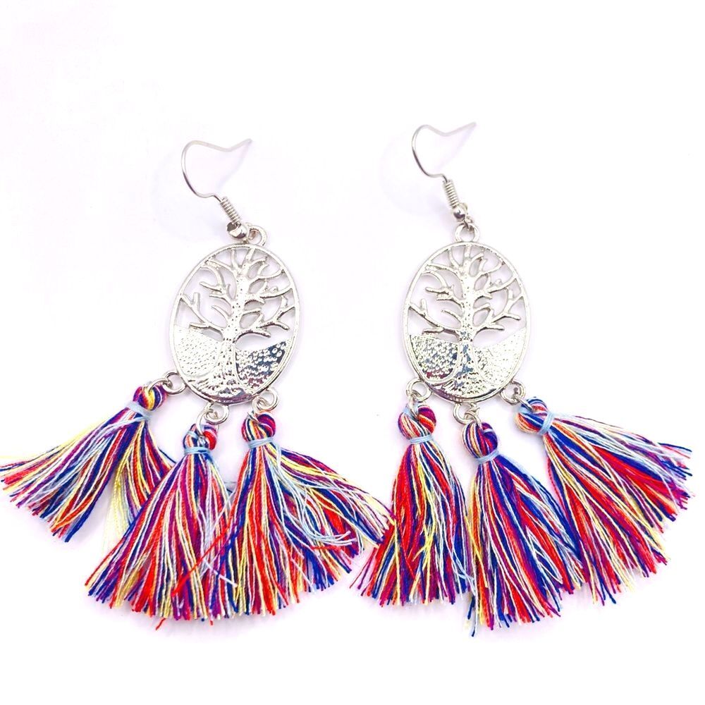 Silver Tree pendant colorful Long Tassel Earrings